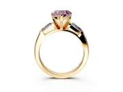 3 Stone Engagement Ring Setting for Fancy Pink Heart-Shaped Center with Tapered Baguettes, Plain Band and Prong Head in Yellow Gold