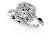 Halo Engagement Ring Setting for Cushion Cut Center with Pave and Plain Twist Band and Prong Head in Platinum