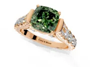Solitaire Engagement Ring Setting for Fancy Green Cushion Cut Center with Pave Cathedral Shoulders and Prong Head in Rose Gold