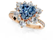 Floral Halo Engagement Ring Setting for Fancy Blue Heart-Shaped Center with Pave Accents and Prong Head in Rose Gold