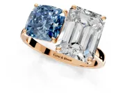 Fancy Blue Cushion Cut and Emerald Cut Lab-Grown Diamond Toi et Moi Engagement Ring with Prong-Set Stones in Rose Gold