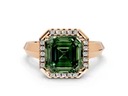 Halo Engagement Ring Setting for Fancy Green Asscher Cut Center with Knife Ridge Cathedral Band and Prong Head in Rose Gold