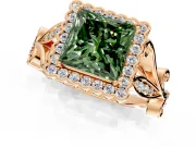 Halo Engagement Ring Setting for Fancy Green Princess Cut Center with Leaf Motif Split Shank and Prong Head in Rose Gold