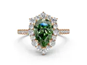 Halo Engagement Ring Setting for Fancy Green Pear-Shaped Center with Single-Row Pave, Open Basket and Prong Head in Rose Gold
