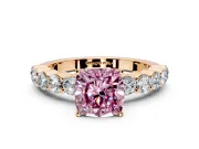 Shared-Prong Engagement Ring Setting for Fancy Pink Cushion Cut Center with Graduated Accents and Prong Head in Rose Gold