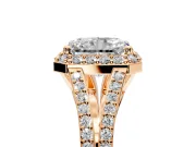 Halo Engagement Ring Setting for Radiant Cut Center with Pave Split Shank and Prong Head in Rose Gold