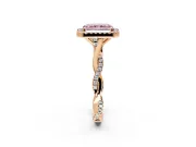 Halo Engagement Ring Setting for Fancy Pink Radiant Cut Center with Twist Band and Prong Head in Rose Gold