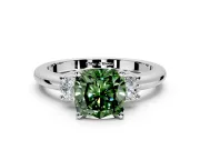 3 Stone Engagement Ring Setting for Fancy Green Cushion Cut Center with Wide Plain Band and Prong Head in White Gold