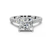 Solitaire Engagement Ring Setting for Princess Cut Center with Widening Pave Band and Claw Prong Head in Sterling Silver