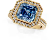 Halo Engagement Ring Setting for Fancy Blue Asscher Cut Center with Milgrain Halo, Pave Band and Prong Head in Yellow Gold