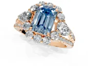Halo Engagement Ring Setting for Fancy Blue Emerald Cut Center with Two-Strand Split Shank and Prong Head in Rose Gold