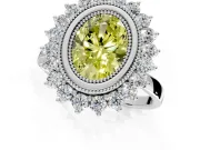 Halo Engagement Ring Setting for Fancy Yellow Oval Center with Milgrain Bezel Rim, Plain Band and Prong Head in White Gold