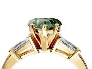 3 Stone Engagement Ring Setting for Fancy Green Heart-Shaped Center with Channel Baguette Accents and Prong Head in Yellow Gold