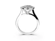 Halo Engagement Ring Setting for Heart-Shaped Center with Milgrain Frame, Pave Band and Prong Head in White Gold