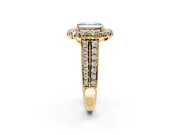 Large Accent Halo Engagement Ring Setting for Fancy Blue Emerald Cut Center with Pave Split Shank and Prong Head in Yellow Gold