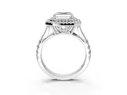 Double Halo Engagement Ring Setting for Asscher Cut Center with Narrow Pave Split Shank and Prong Head in Platinum