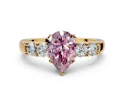 5 Stone Engagement Ring Setting for Fancy Pink Pear-Shaped Center with Plain Band and Prong Head in Yellow Gold