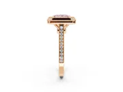 Halo Engagement Ring Setting for Fancy Pink Princess Cut Center with Milgrain Frame, Pave Band and Prong Head in Rose Gold