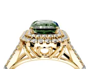 Double Halo Engagement Ring Setting for Fancy Green Radiant Cut Center with Narrow Pave Split Shank and Prong Head in Yellow Gold