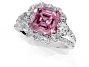 Halo Engagement Ring Setting for Fancy Pink Asscher Cut Center with Two-Strand Split Shank and Prong Head in Platinum