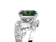 Solitaire Engagement Ring Setting for Fancy Green Emerald Cut Center with Pave Bypass Twist Band and Prong Head in Sterling Silver