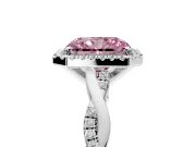 Halo Engagement Ring Setting for Fancy Pink Radiant Cut Center with Pave and Plain Twist Band and Prong Head in Platinum