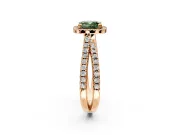 Halo Engagement Ring Setting for Fancy Green Cushion Cut Center with Double Pave Split Shank and Prong Head in Rose Gold