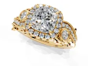 Milgrain Halo Engagement Ring Setting for Cushion Cut Center with Shoulder Bezels and Prong Head in Yellow Gold