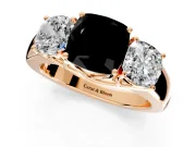 3 Stone Engagement Ring Setting for Fancy Black Cushion Cut Center with Raised Basket Heads and Prong Head in Rose Gold