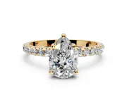 Solitaire Engagement Ring Setting for Pear-Shaped Center with Micro Pave Band and Prong Head in Yellow Gold