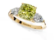 3 Stone Engagement Ring Setting for Fancy Yellow Cushion Cut Center with Large Pear-Shaped Accents and Prong Head in Yellow Gold