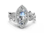 Halo Engagement Ring Setting for Marquise Center with Leaf Motif Split Shank and Prong Head in Sterling Silver