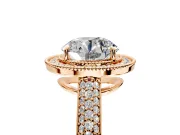 Milgrain Halo Engagement Ring Setting for Round Cut Center with Three-Sided Pave Band and Prong Head in Rose Gold