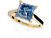 Solitaire Engagement Ring Setting for Fancy Blue Princess Cut Center with Tapered Shoulders and Prong Head in Yellow Gold