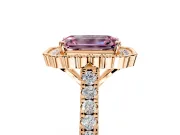 Milgrain Floral Halo Engagement Ring Setting for Fancy Pink Emerald Cut Center with Pave Band and Prong Head in Rose Gold