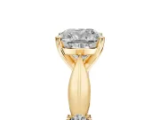 Solitaire Engagement Ring Setting for Cushion Cut Center with Carved Leaf Shoulders and Prong Head in Yellow Gold