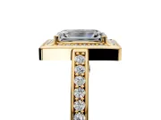 Halo Engagement Ring Setting for Emerald Cut Center with Framed Halo, Pave Band and Prong Head in Yellow Gold