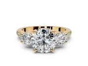 3 Stone Engagement Ring Setting for Round Cut Center with Crossover Basket, Pave Band and Prong Head in Yellow Gold
