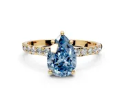 Solitaire Engagement Ring Setting for Fancy Blue Pear-Shaped Center with Pave Accents and Prong Head in Yellow Gold