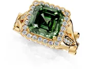 Halo Engagement Ring Setting for Fancy Green Asscher Cut Center with Leaf Motif Split Shank and Prong Head in Yellow Gold