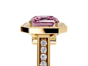 Halo Engagement Ring Setting for Fancy Pink Asscher Cut Center with Outer Bezel Rim, Pave Band and Prong Head in Yellow Gold