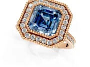 Halo Engagement Ring Setting for Fancy Blue Asscher Cut Center with Milgrain Frame, Pave Band and Prong Head in Rose Gold