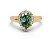Halo Engagement Ring Setting for Fancy Green Pear-Shaped Center with Knife Ridge Cathedral Band and Prong Head in Yellow Gold