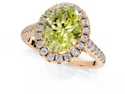 Halo Engagement Ring Setting for Fancy Yellow Oval Center with Raised Halo, Pave Band and Prong Head in Rose Gold