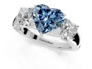 3 Stone Engagement Ring Setting for Fancy Blue Heart-Shaped Center with Raised Basket Heads and Prong Head in Sterling Silver