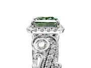 Milgrain Halo Engagement Ring Setting for Fancy Green Princess Cut Center with Shoulder Bezels and Prong Head in Sterling Silver