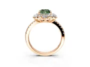 Floral Halo Engagement Ring Setting for Fancy Green Cushion Cut Center with Pave Accents and Prong Head in Rose Gold