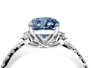 Paired Accent Engagement Ring Setting for Fancy Blue Cushion Cut Center with Pave Band and Prong Head in Platinum