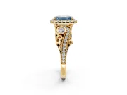 Milgrain Halo Engagement Ring Setting for Fancy Blue Emerald Cut Center with Shoulder Bezels and Prong Head in Yellow Gold