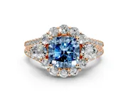Halo Engagement Ring Setting for Fancy Blue Cushion Cut Center with Two-Strand Split Shank and Prong Head in Rose Gold